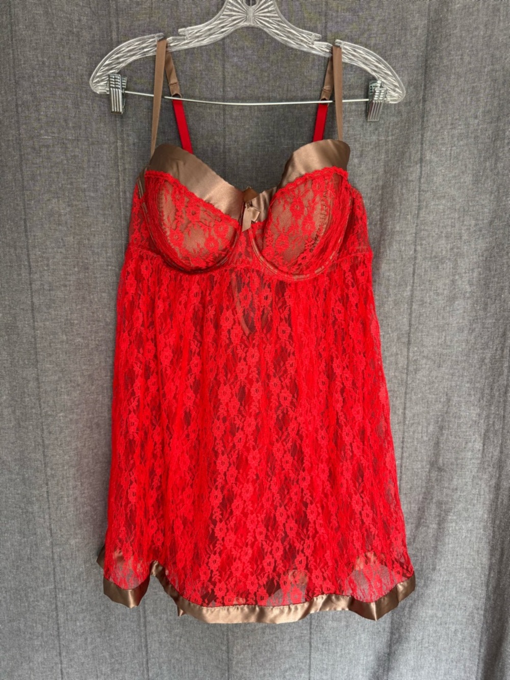 Cacique Sleep Lingerie Chemise Nightgown Top Plus Red Floral Silk Trim Coquette
